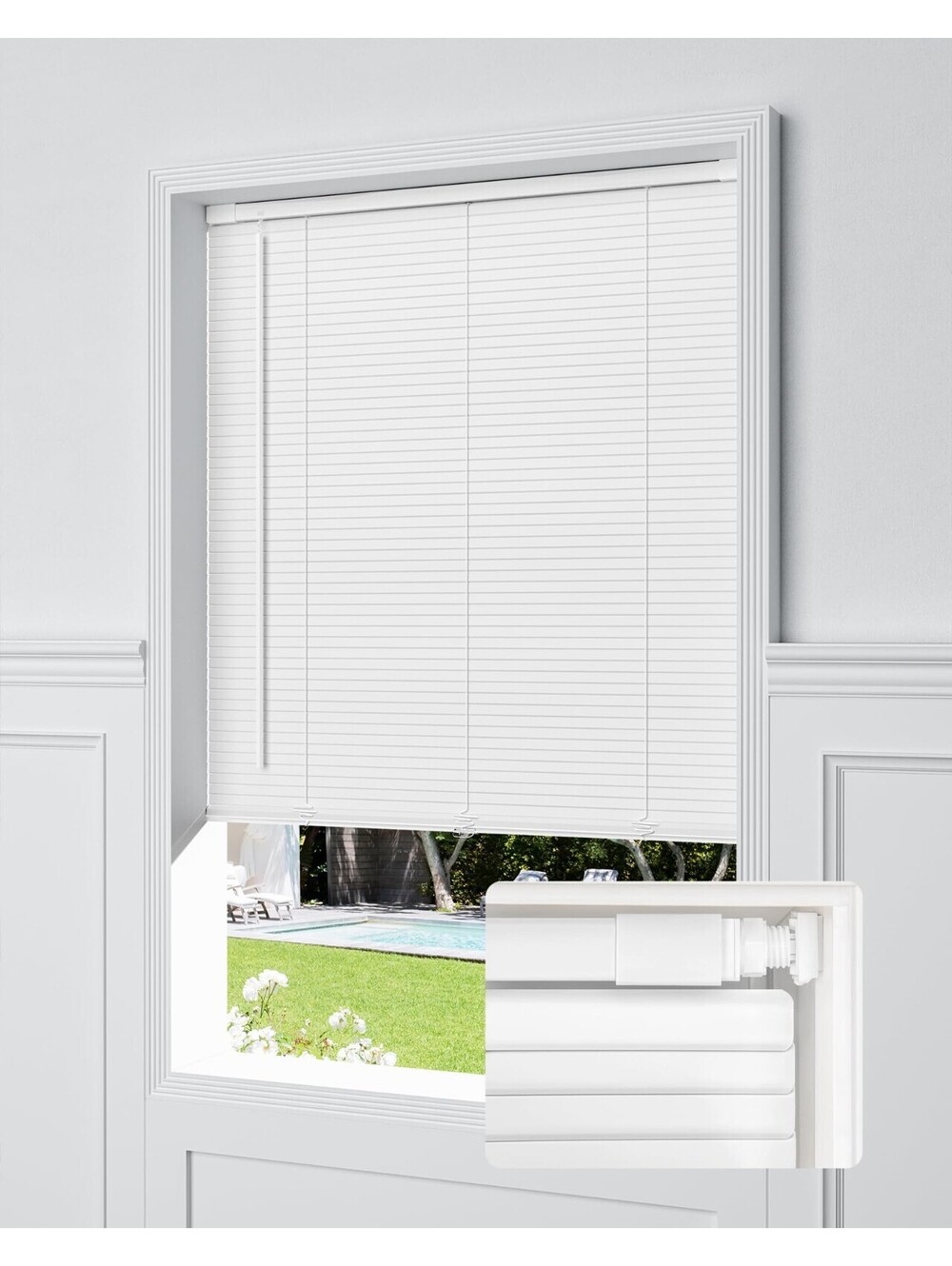 UNISHADES No Drill Cordless Mini Blinds 33.5x64 White 1" Vinyl Privacy Inside